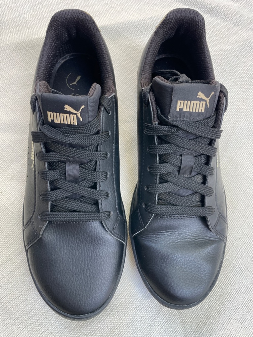 Puma Women’s 7.5 Black Leather Lace-Up Sneakers with Gold Metallic Logo